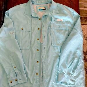 Men’s blue and white Magellan Outdoors long sleeve fishing shirt. Size XL